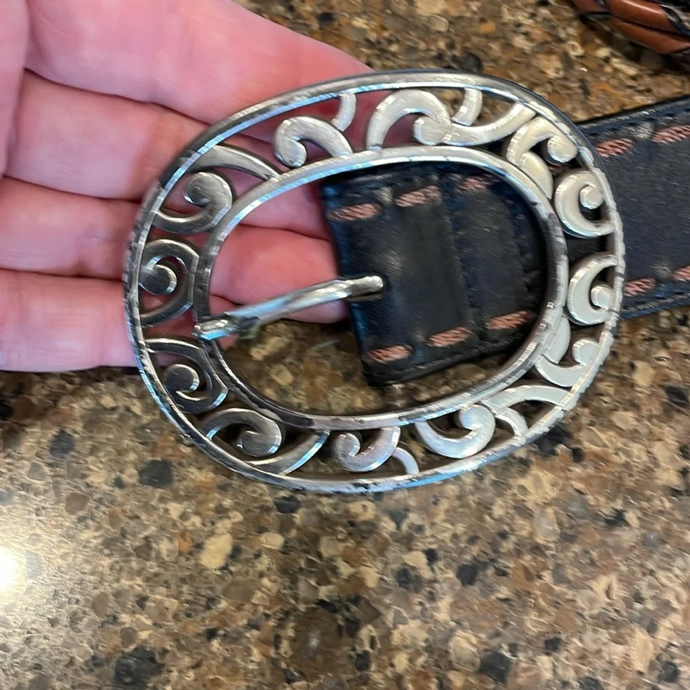 Brighton Strap Braided Leather Stitched Belt Silver Buckle Boho Western Size 34